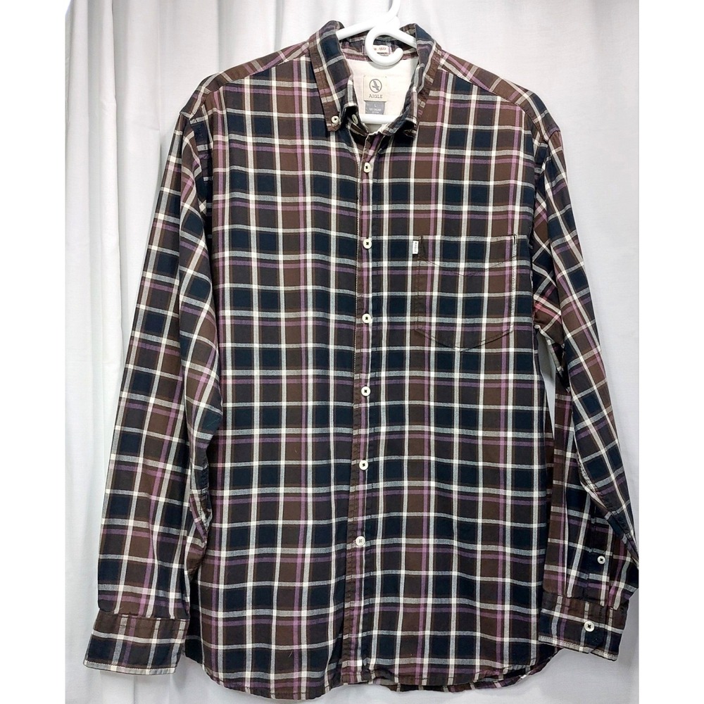 Aigle Mens Plaid Long Sleeve Shirt Size Large Black Purple White‎ Organic Cotton